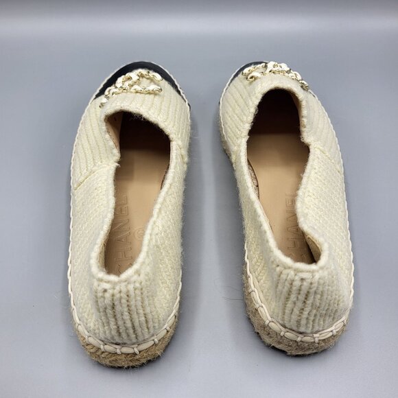 Chanel Beige Knit & Black Leather Espadrilles Size 37 B G29762 Made in Spain - Picture 10 of 16
